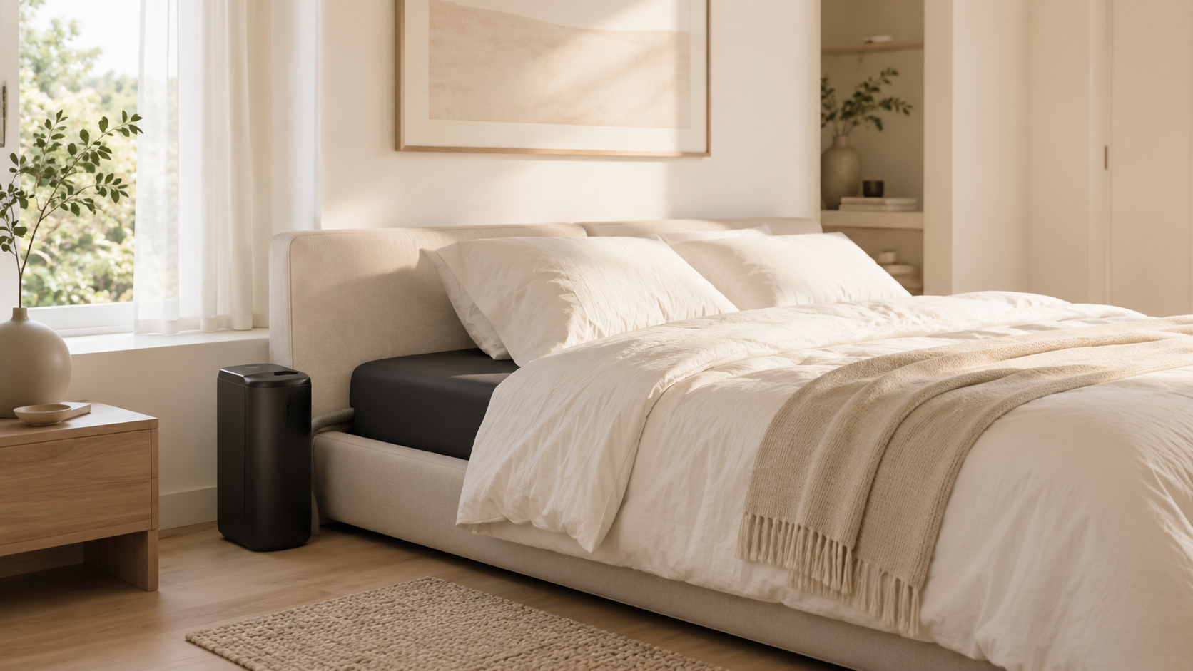 Eight Sleep Pod on a bed in a minimal bedroom